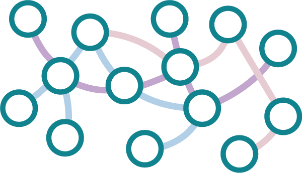 A random array of circles interconnected by lines of different colours. 