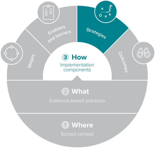 Circular implementation components diagram showing 'How' and 'Strategies' highlighted.